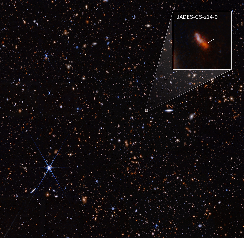 This infrared image from NASA’s James Webb Space Telescope’s NIRCam, part of the JADES program, highlights galaxy JADES-GS-z14-0