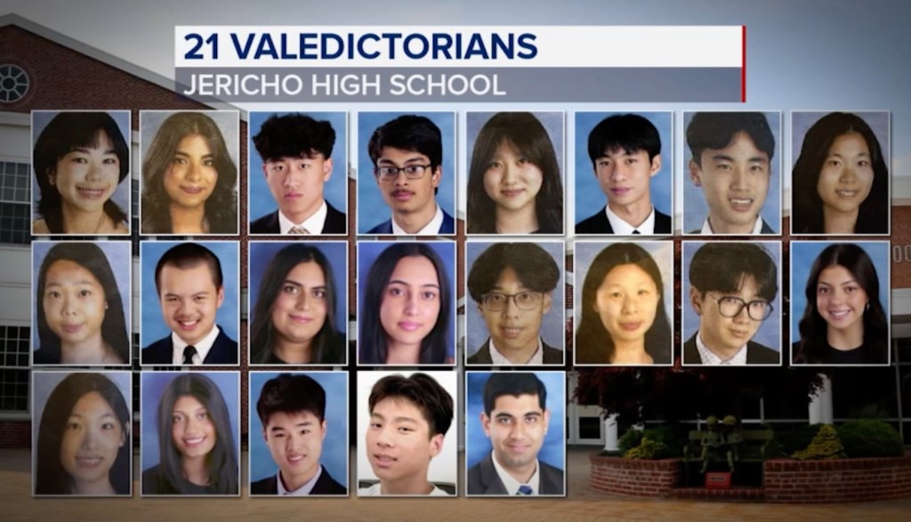 Collage of 21 Jericho High School valedictorians, a majority of whom are East Asian.