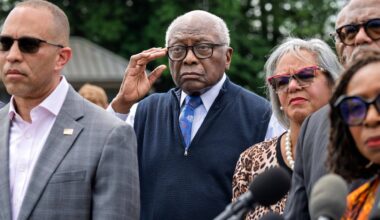 Rep. Jim Clyburn, D-S.C., center, joined by House Minority Leader Hakeem Jeffries, D-N.Y., left, stands with members of the Congressional Black Caucus during an event outside the Capitol in Washington, Tuesday, May 19, 2026. (AP Photo/J. Scott Applewhite)