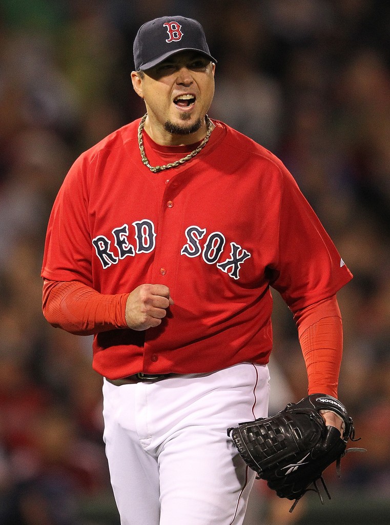 Josh Beckett of the Boston Red Sox reacting after getting out of trouble in the fourth inning.
