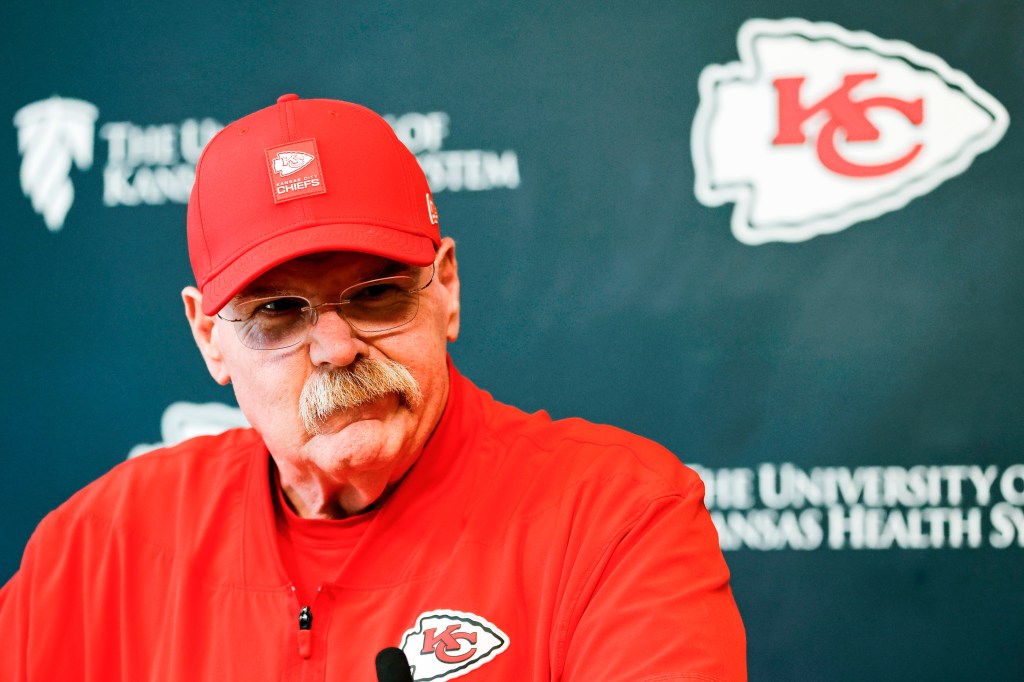 Kansas City Chiefs head coach Andy Reid reacting to a question from the media.