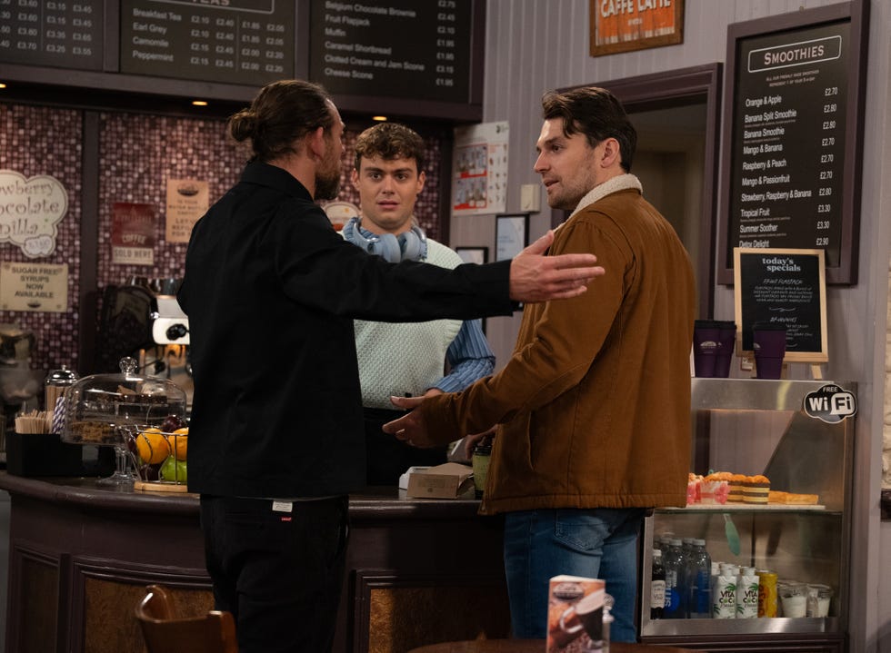 Kev, Lewis Barton. Mack Boyd, Emmerdale kev, lewis barton. mack boyd, emmerdale