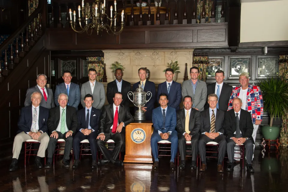 The top 17 PGA champions pose for a photo (L-R back row) Lanny Wadkins, Jason Dufner, Martin Kaymer, Vijay Singh, Davis Love III, Padraig Harrington, Keegan Bradley, Shaun Micheel and John Daly. (L-R front row) Bobby Nichols, Dave Stockton, Rory McIlroy, Phil Mickelson, Jason Day, Rich Beem, David Toms and John Mahaffey during the Champion's Dinner for the the 98th PGA Championship held at the Baltusrol Golf Club on July 26, 2016