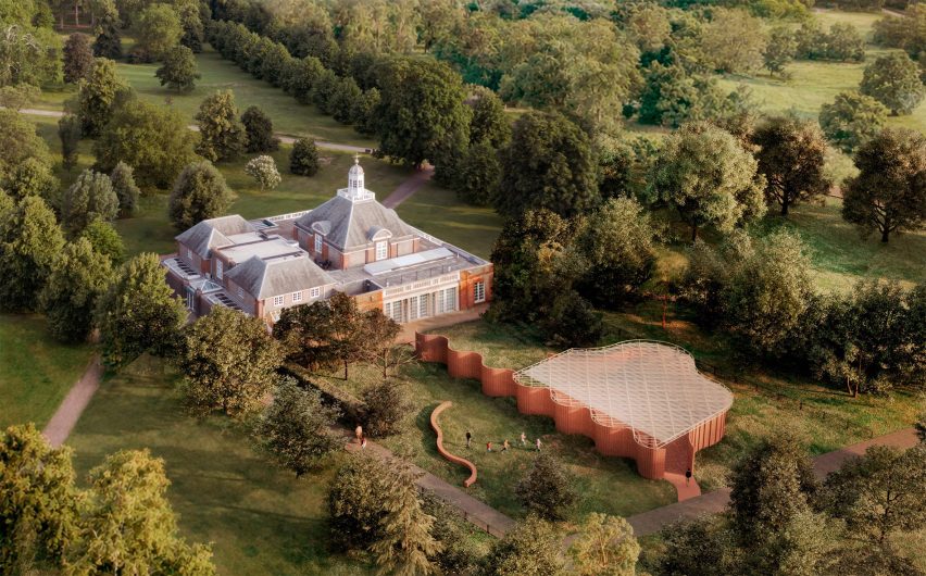Aerial render of the Serpentine Pavilion 2026 showing its winding brick form