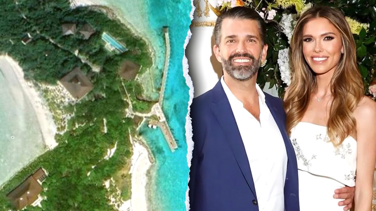 Split image of Little Pipe Cay aerial, Don Jr and wife smiling