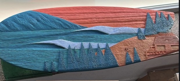 A surfboard-inspired wood carving by Joel Pessoa will be featured in an upcoming showcase at the Tim Bessell surfboard shop and gallery in La Jolla. (Joel Pessoa)