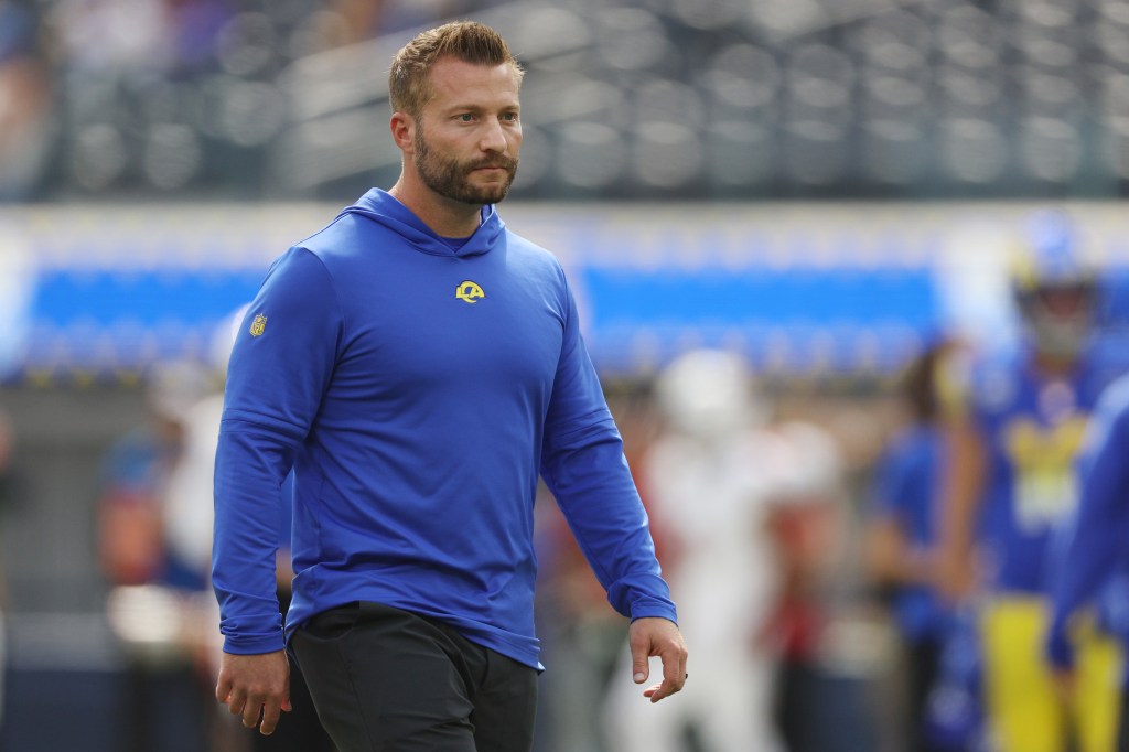 Los Angeles Rams head coach Sean McVay walks the field before the game against the Arizona Cardinals at SoFi Stadium on October 15, 2023 in Inglewood, California. 