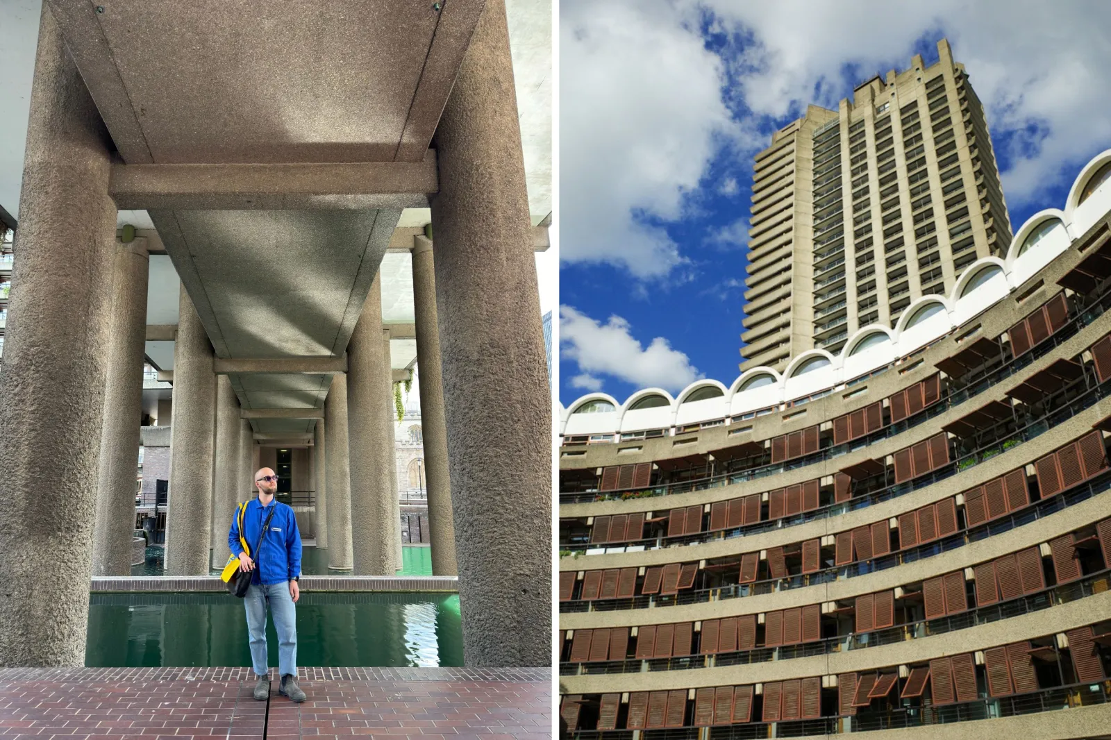 Luke Kaluzny on his first visit to the Barbican, April 2024 (left); the Frobisher Crescent and Cromwell Tower at the Barbican (right).