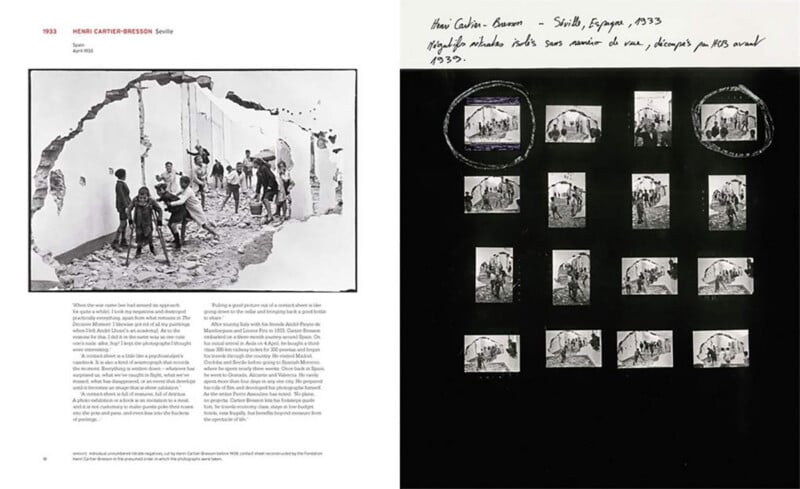 A two-page book spread features a black-and-white photo of people walking through a damaged wall on the left and a contact sheet of film negatives with handwritten notes on the right.