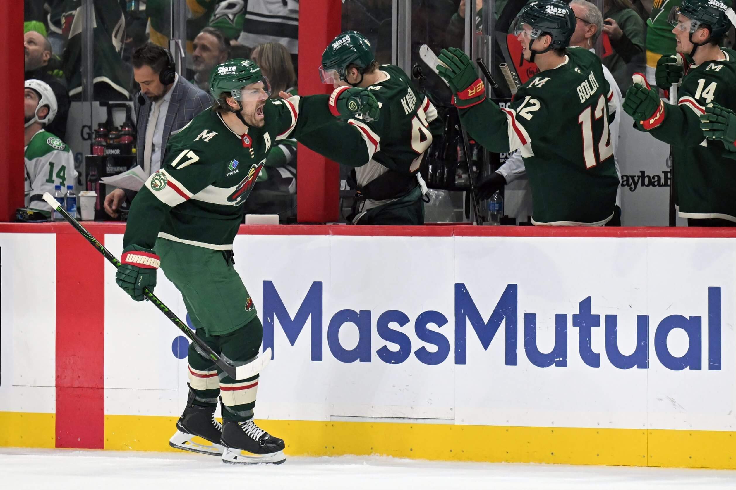Minnesota Wild forward Marcus Foligno celebrates his goal against the Dallas Stars during Game 4 of the first round of the Stanley Cup Playoffs in Saint Paul, Minnesota, on April 25, 2026