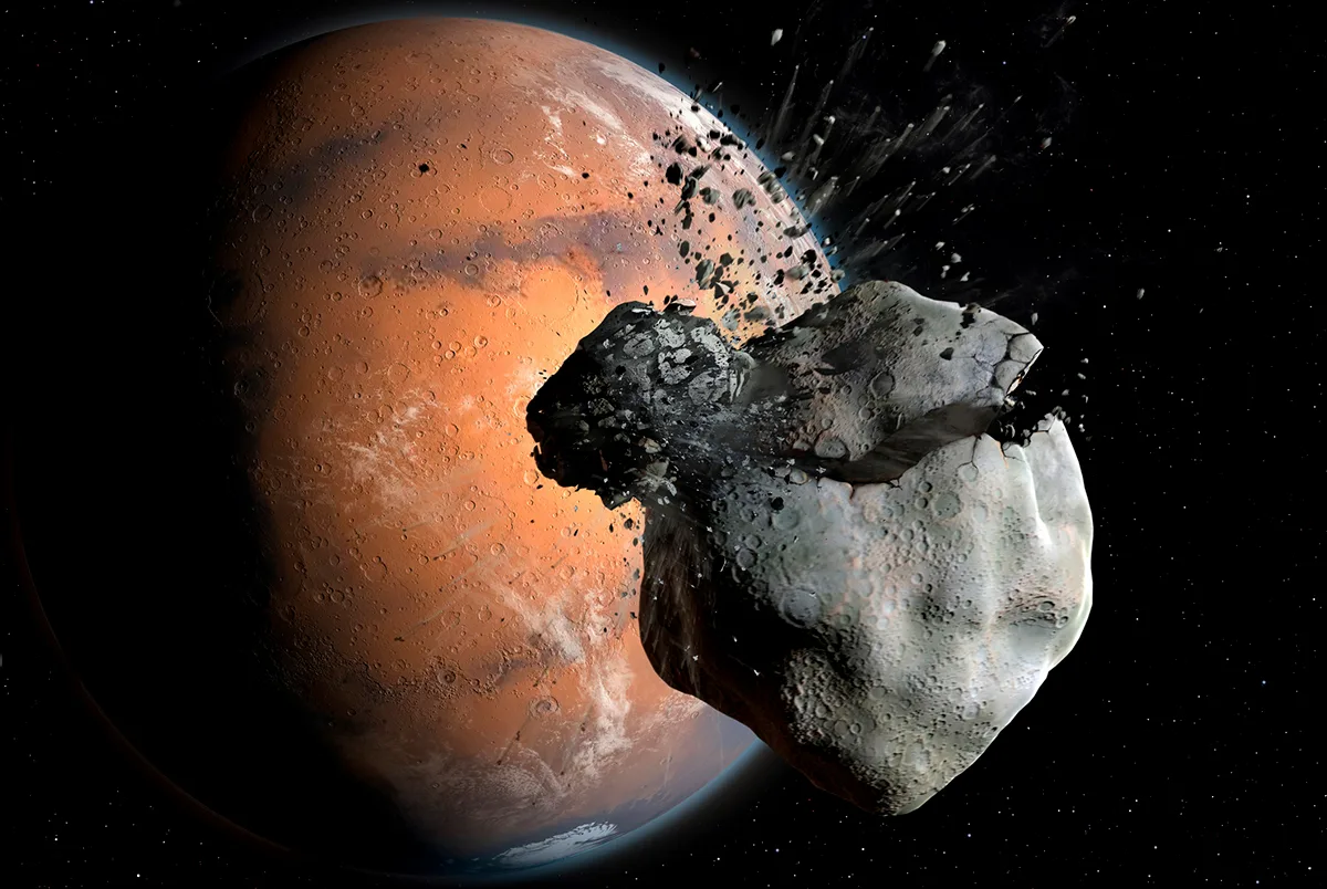 Artist's impression of Mars's moon Phobos being destroyed. Credit: Mark Garlick / Science Photo Library / Getty Images