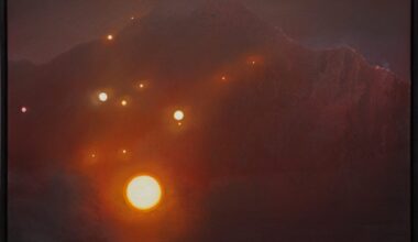 a red landscape painting by Andrew McIntosh with mountains and small glowing orbs