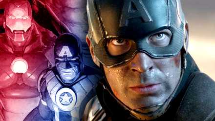 mcu captain america in front of comic captain america and iron man with new avengers costumes