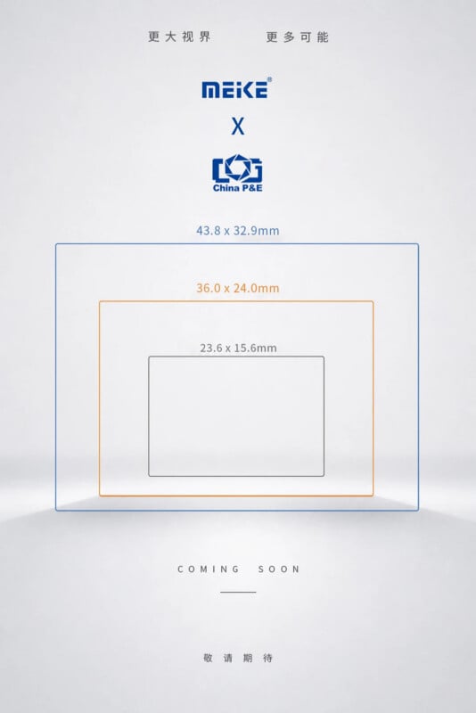 A minimalistic promotional graphic showing three outlined rectangles labeled with dimensions: 43.8 x 32.9mm, 36.0 x 24.0mm, and 23.6 x 15.6mm. MEIKE and China P&E logos are at the top, with "COMING SOON" at the bottom.