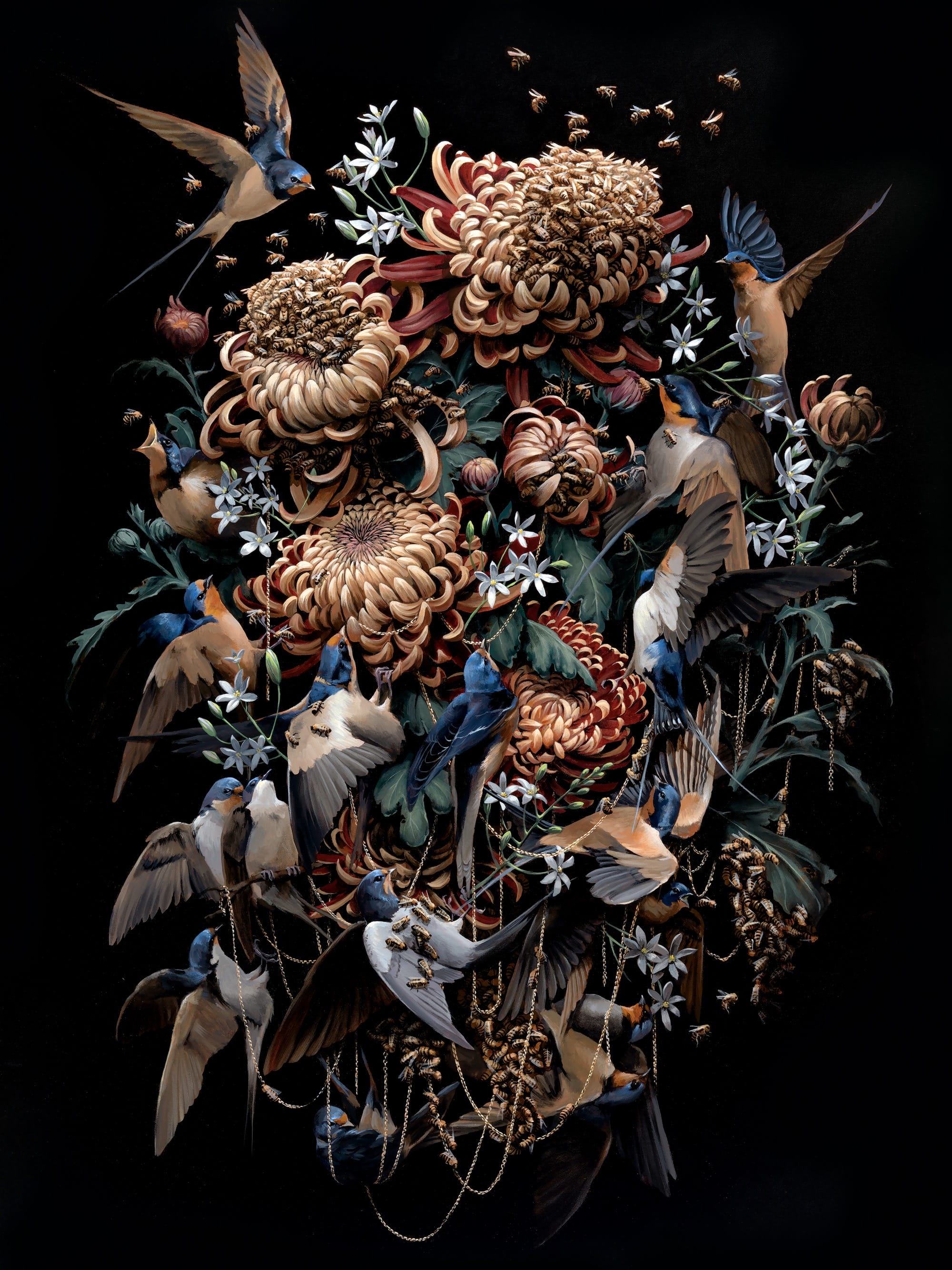 A hyperrealistic, detailed still life painting of florals and barn swallows