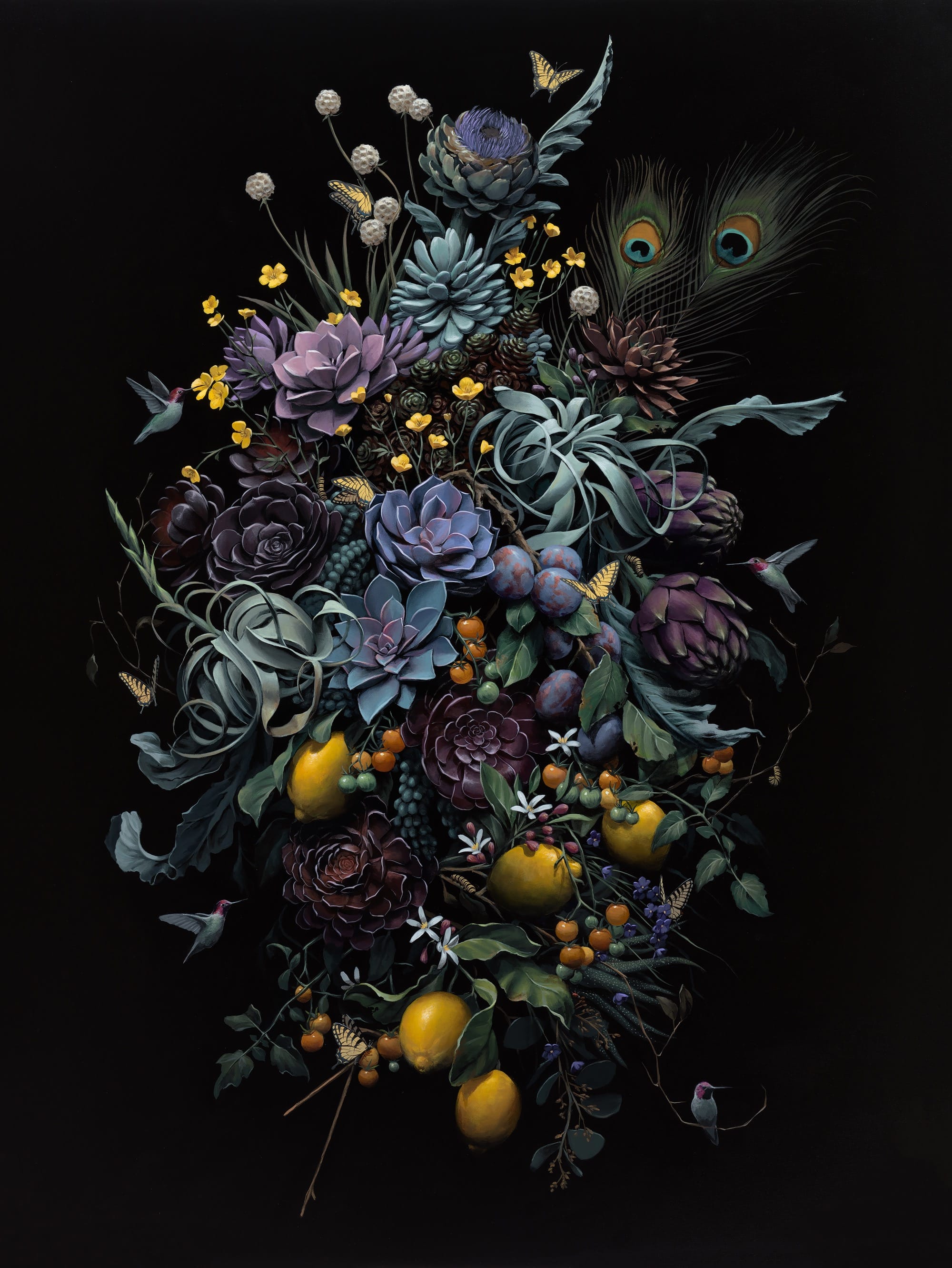 A hyperrealistic, detailed still life painting of florals, succulents, and birds