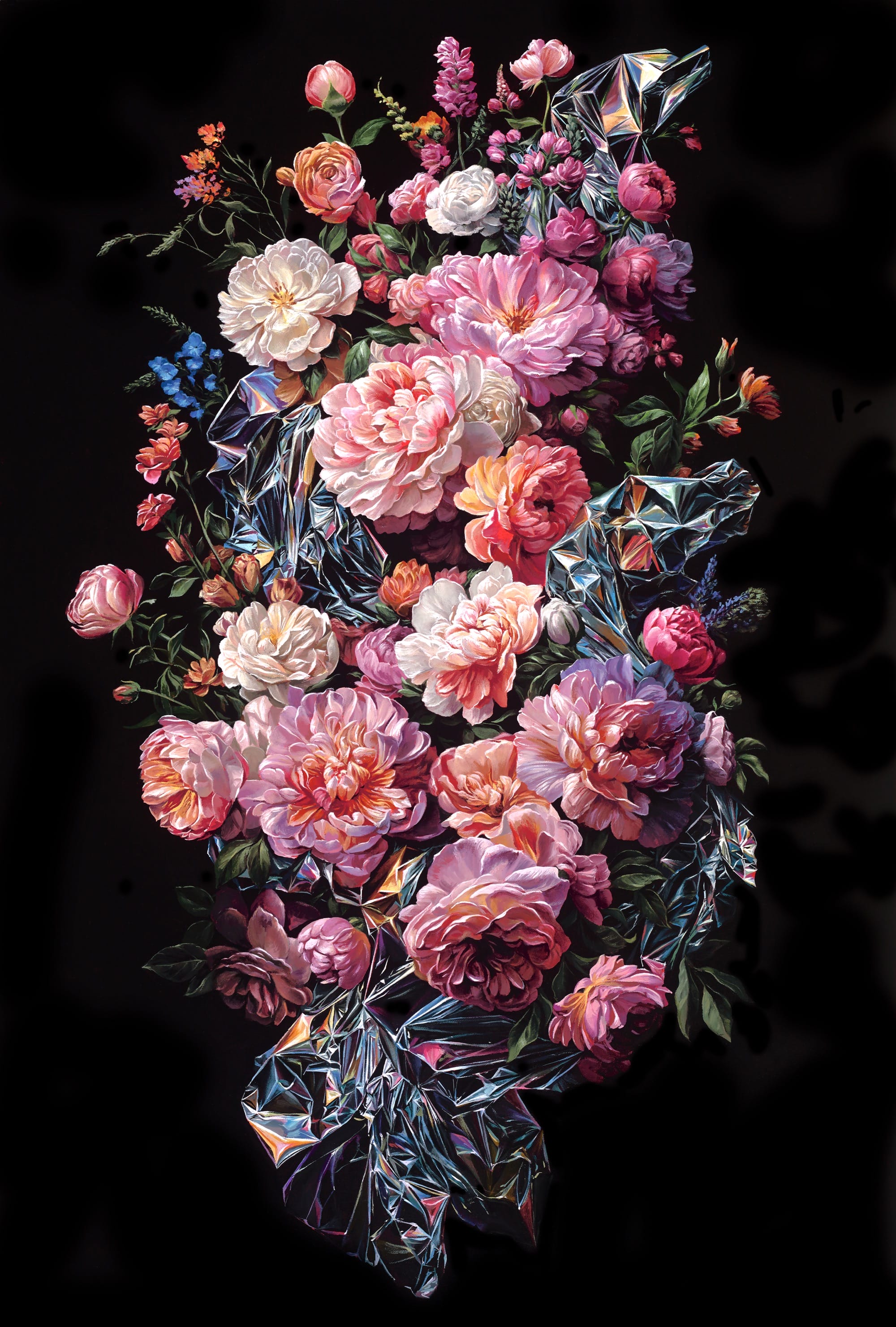 A hyperrealistic, detailed still life painting of florals