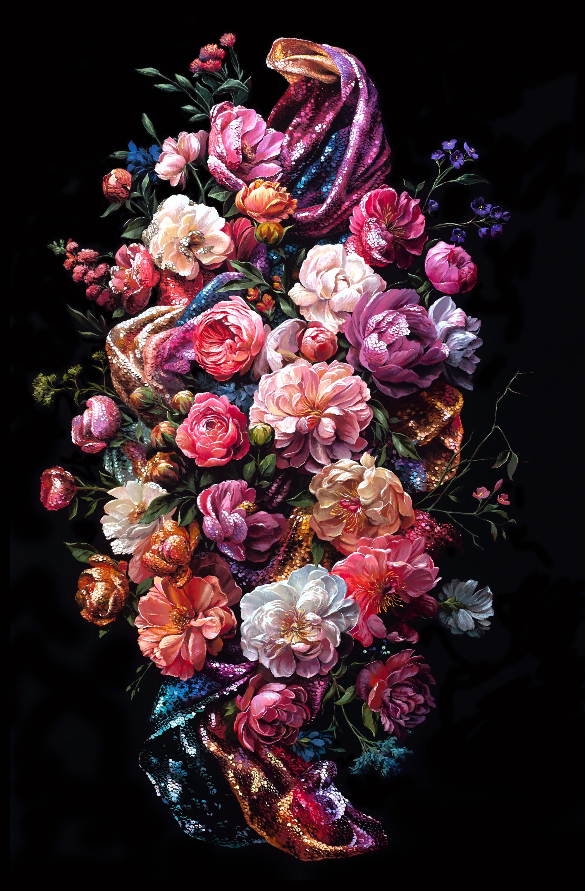 A hyperrealistic, detailed still life painting of florals