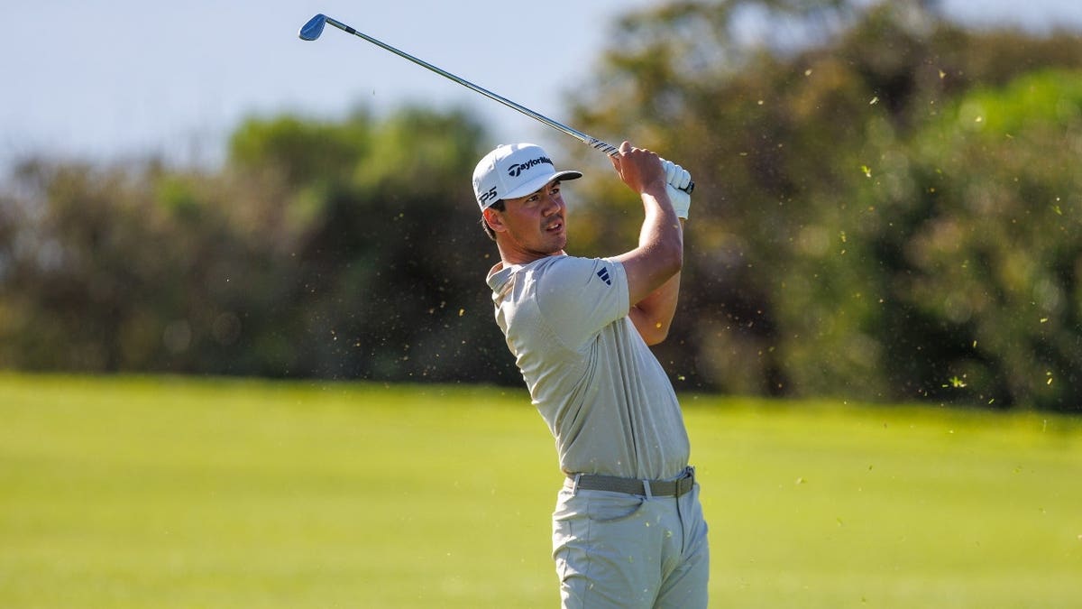 Michael Thorbjornsen plays his shot from the fairway during the 2026 Farmers Insurance Open at Torrey Pines Municipal Golf Course - South Course in San Diego.