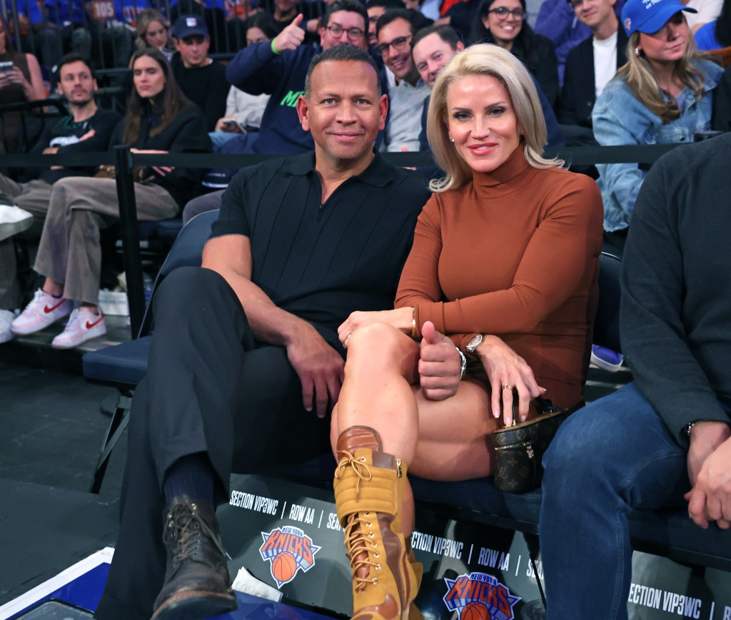 Timberwolves owner and former New York Yankee Alex Rodriguez and his girlfriend Jaclyn Cordeiro sit court side during the third quarter of a game against the New York Knicks on November 5, 2025.