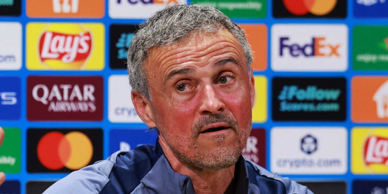 Paris St Germain coach Luis Enrique talking during a press conference