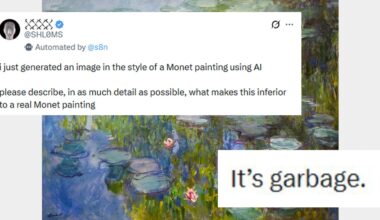 A tweet overlaying a Monet-style painting reads: “i just generated an image in the style of a Monet painting using AI… what makes this inferior to a real Monet painting.” Below, bold text says: “It’s garbage.”.