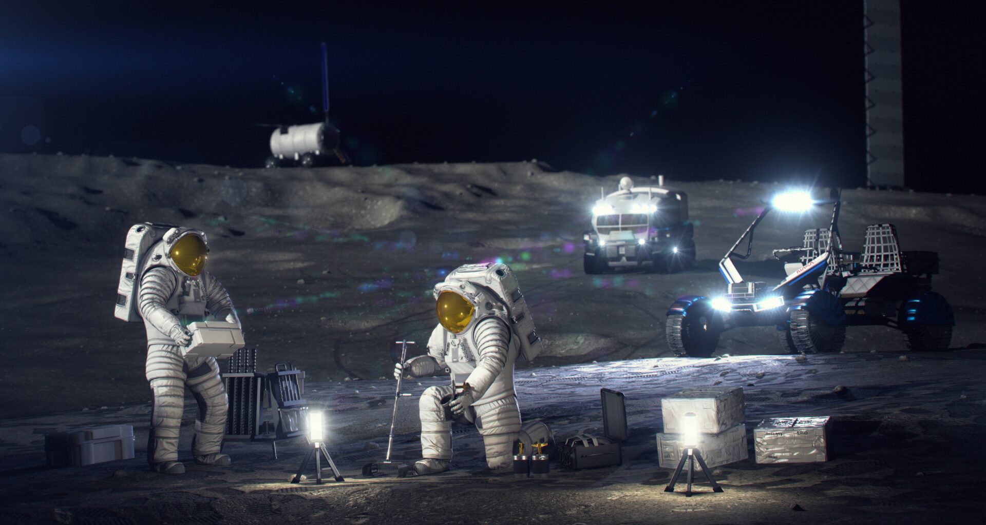 An artist’s concept of astronauts working on the lunar surface.