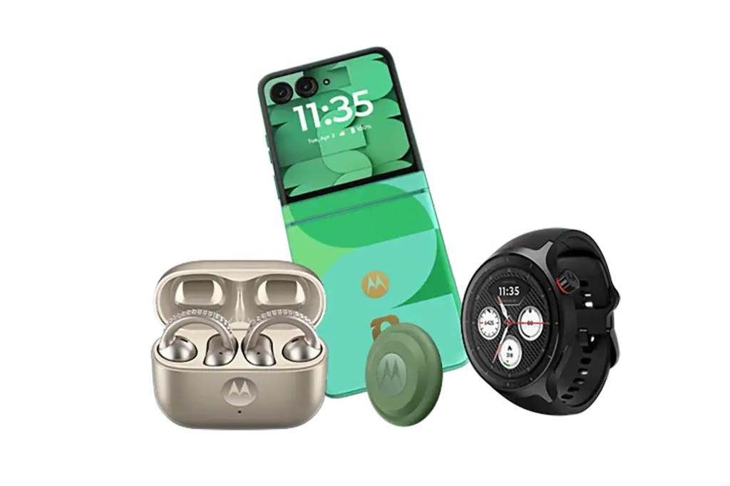 Motorola smartphone, earbuds, and smartwatch.