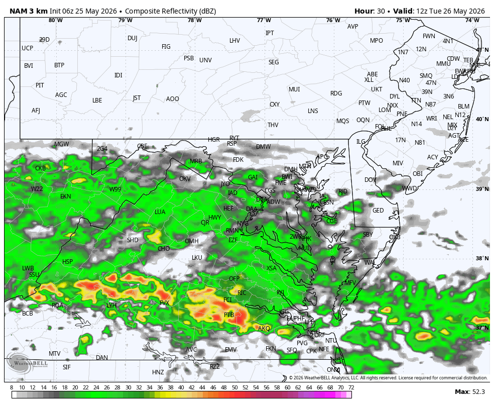 May 25 weather rain radar forecast NAM 3Km Model Tuesday