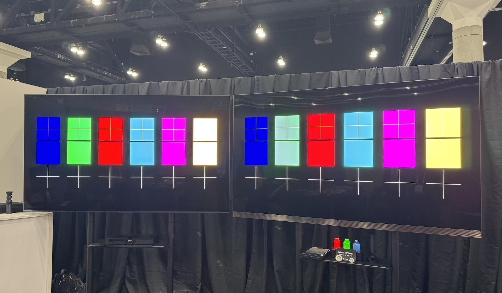 An RGB LED TV next to an SQD TV at the Nanosys booth during Display Week 2026.