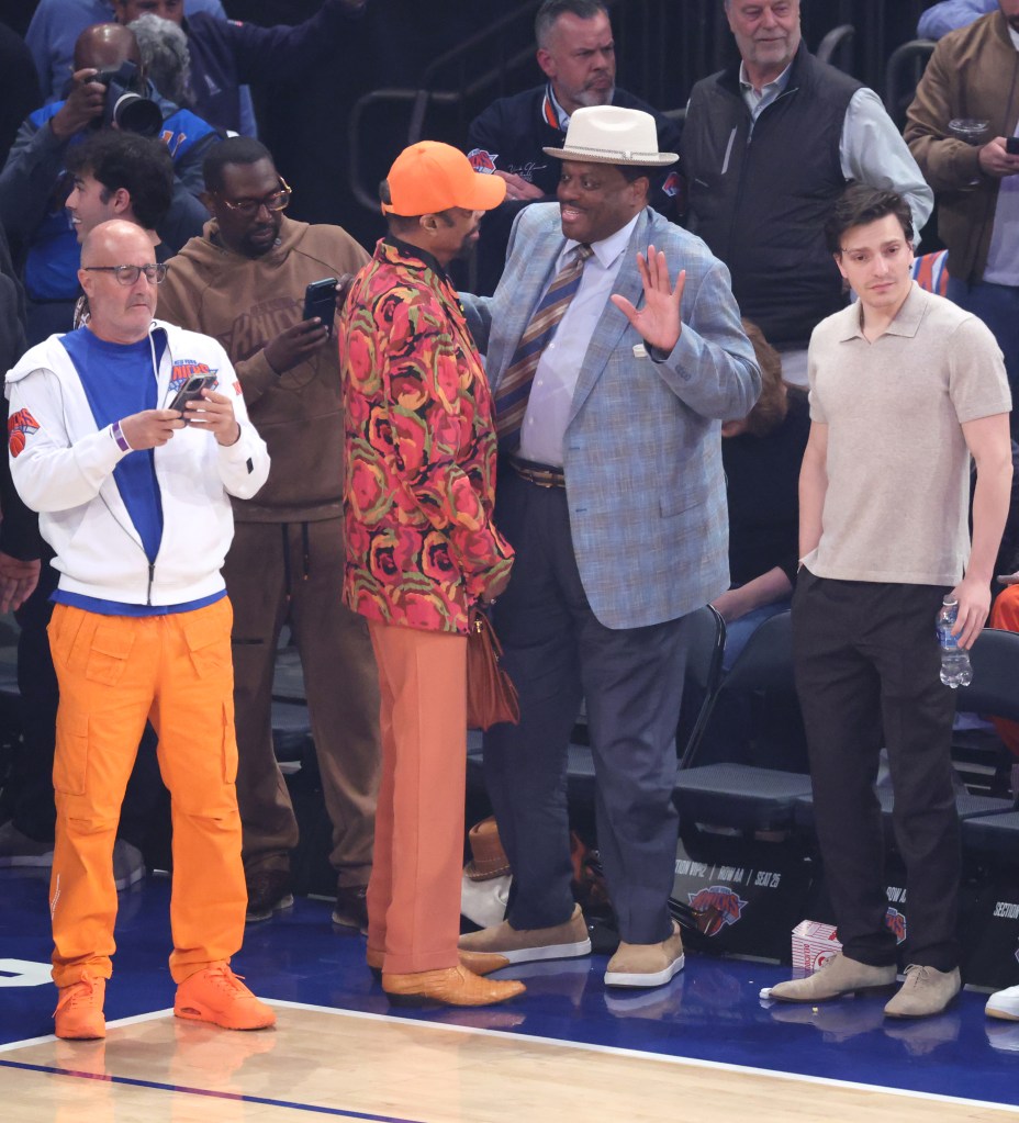 Walter "Clyde" Frazier and Bernard King attend the NBA Eastern Conference Finals between the New York Knicks and Cleveland Cavaliers