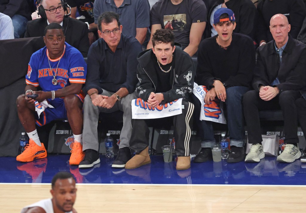 Tracy Morgan and Timothée Chalamet attend the NBA Eastern Conference Finals between the New York Knicks and Cleveland Cavaliers
