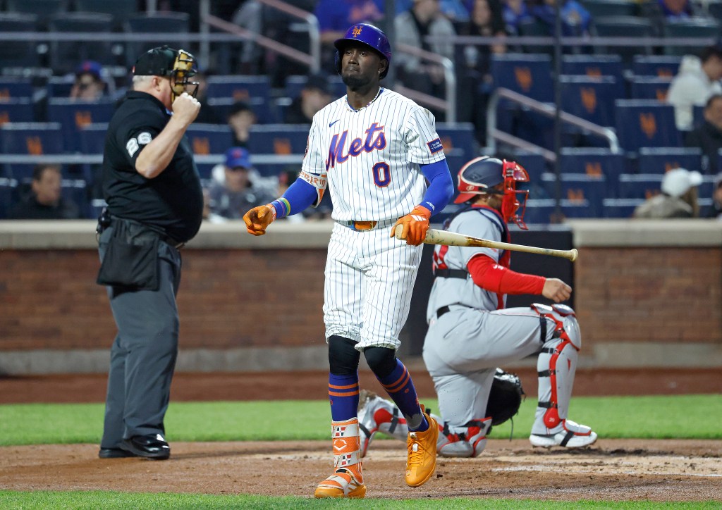 Ronny Mauricio walks back to the dugout after striking out during a game against the Nationals on April 29, 2026.