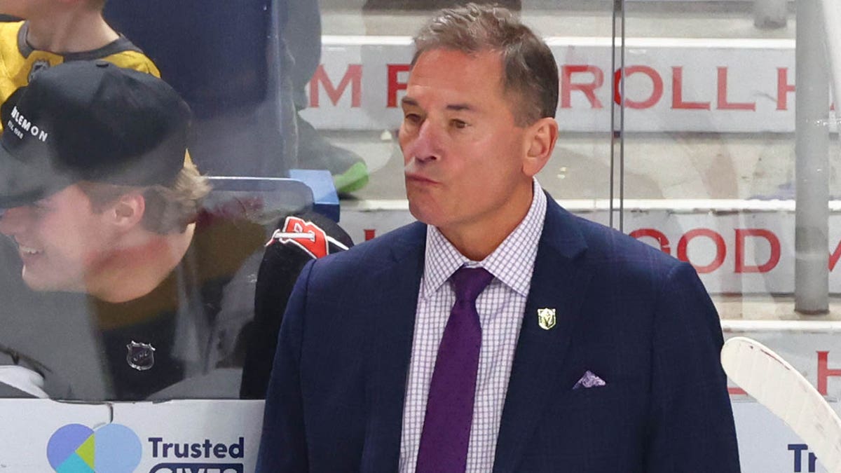 Vegas Golden Knights head coach Bruce Cassidy watching game from bench