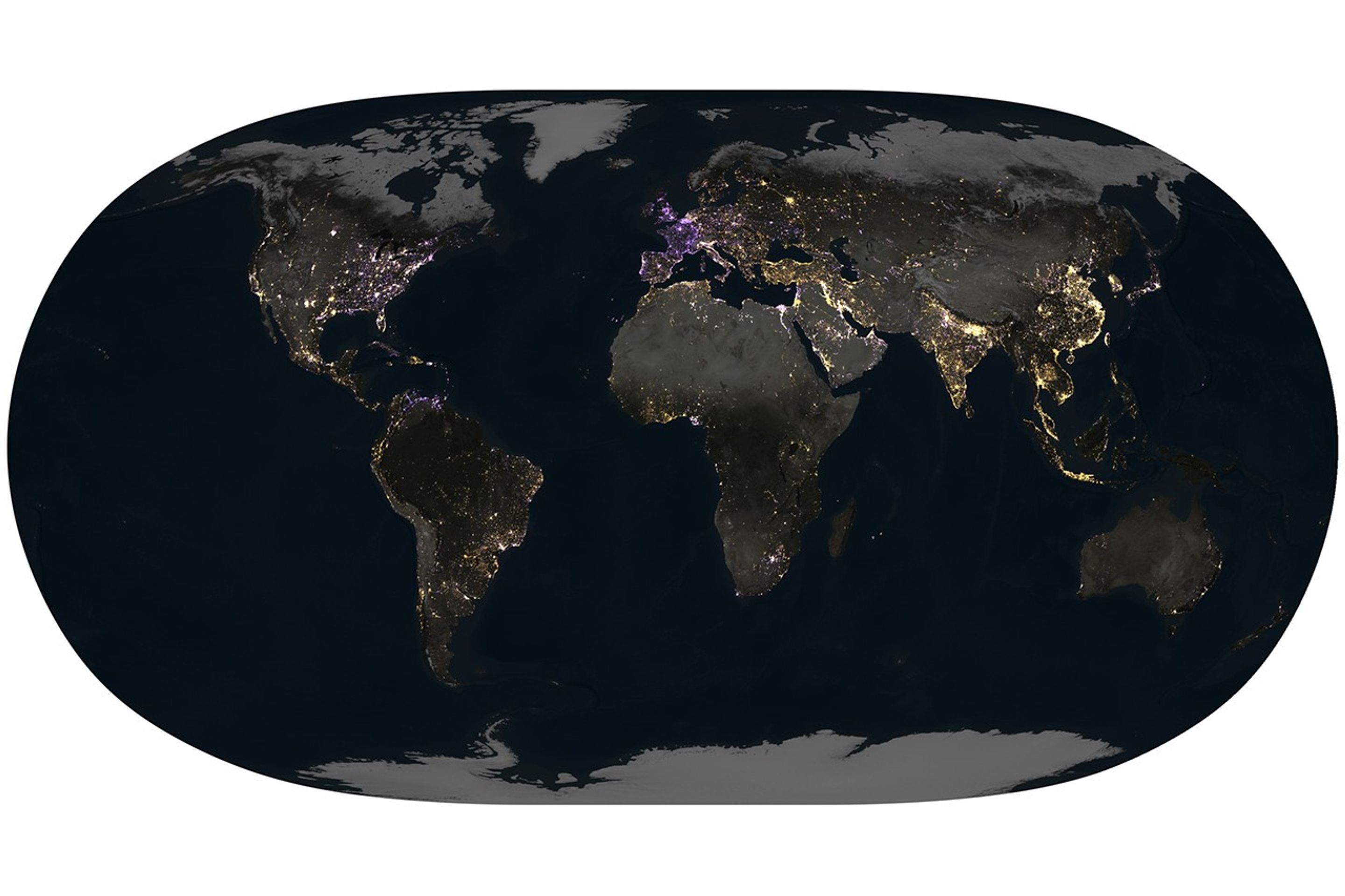 A global map shows changes in artificial light at night from 2014 to 2022, with increases shown in yellow and orange and decreases shown in purple.