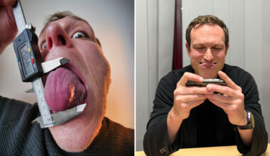 split image of Sacha inflating his tongue and touching his nose with his tongue