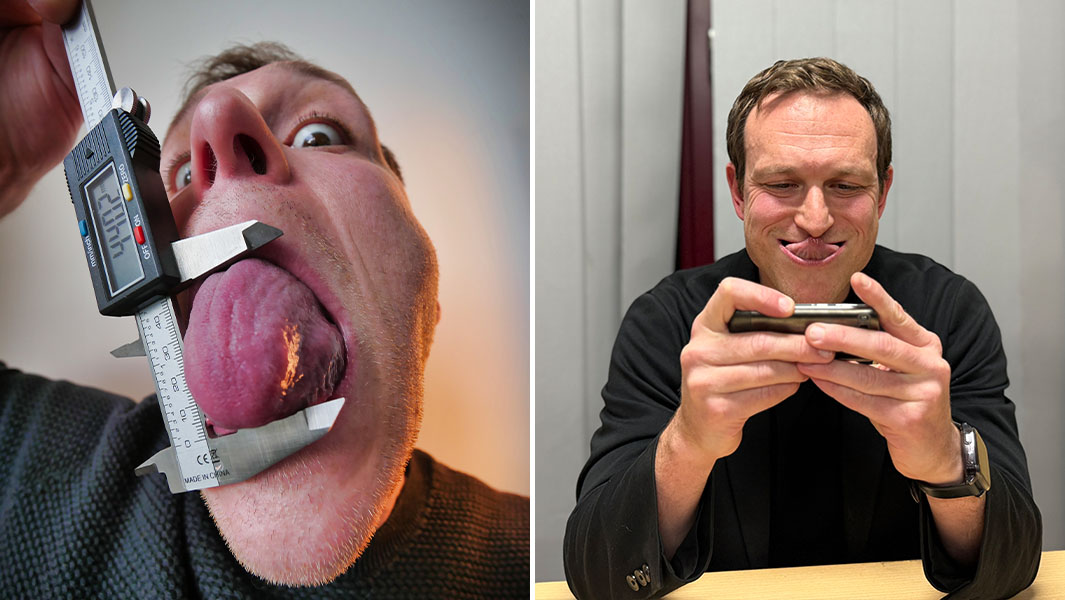 split image of Sacha inflating his tongue and touching his nose with his tongue