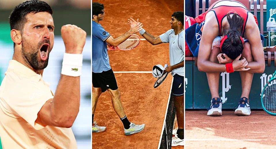 Novak Djokovic, Taylor Fritz and Emma Raducanu at the French Open. Image: Getty