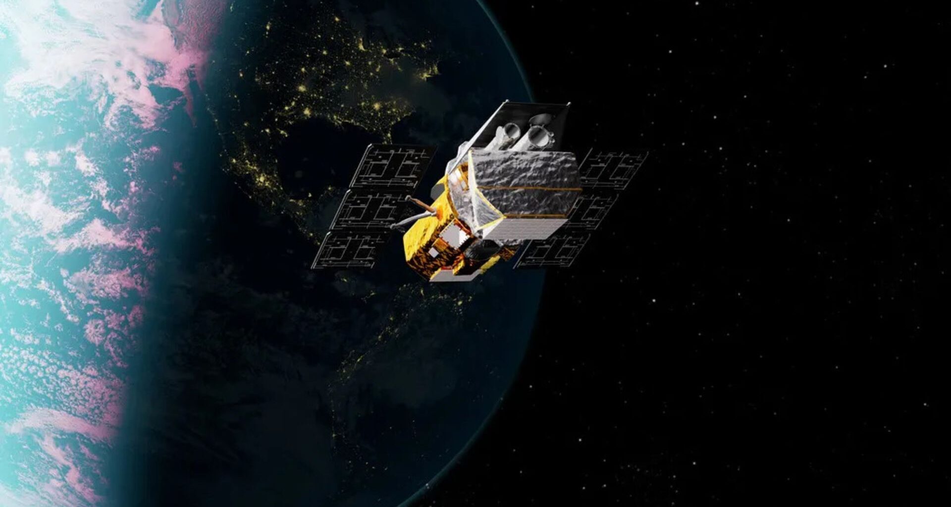illustration of a gold and silver spacecraft orbiting earth at night