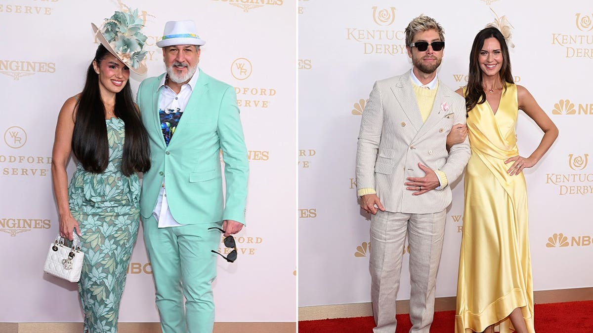 Izabel Araujo, Joey Fatone, Lance Bass, and Odette Annable pose together at the Kentucky Derby 152 at Churchill Downs in Louisville, Kentucky.