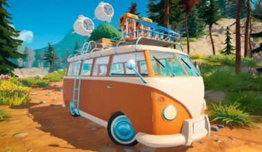An orange van drives through the forest.