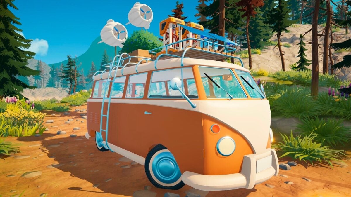 An orange van drives through the forest.