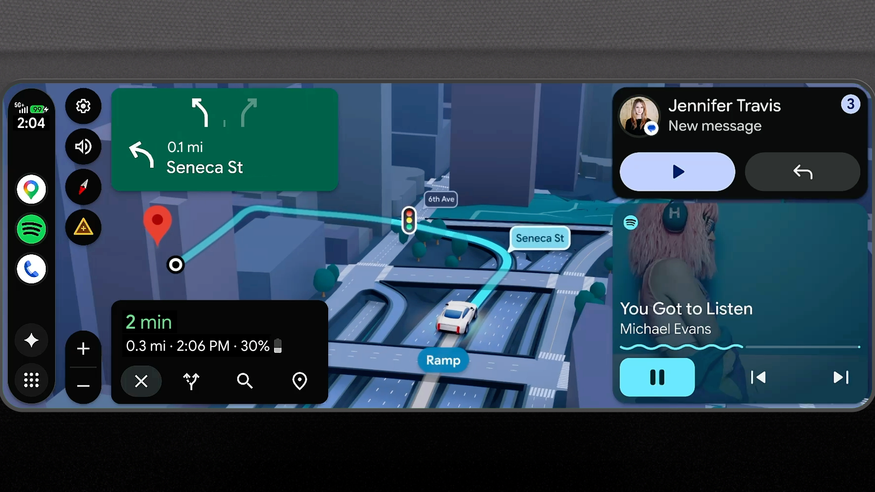 The home screen of Android Auto with an app bar, maps screen, incoming call widget, and an audio widget