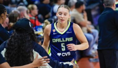 Paige Bueckers (5) and Arike Ogunbowale (24) of the Dallas Wings exchange a high five.