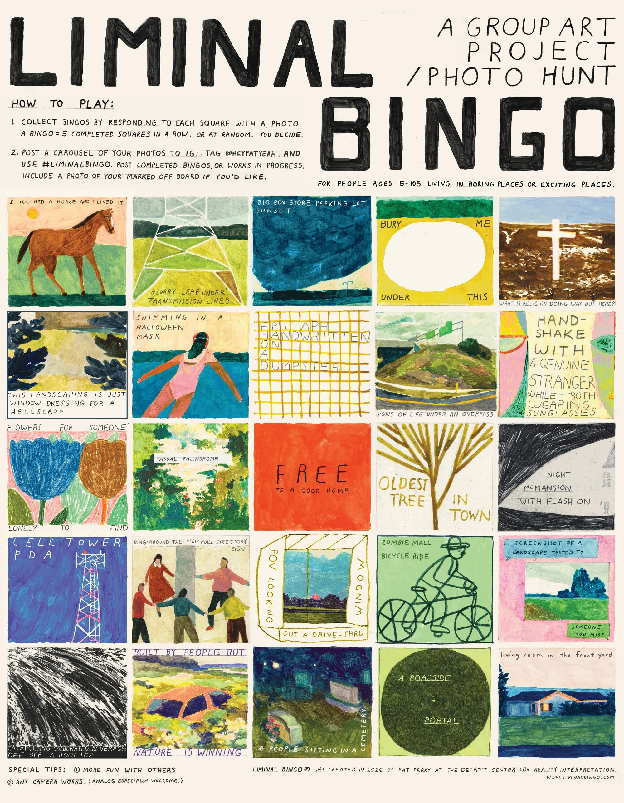 a grid of small drawn prompts for Liminal Bingo by Pat Perry