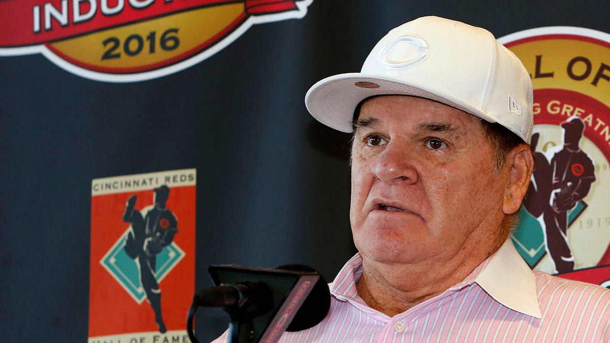 Pete Rose speaking at a news conference at Great American Ballpark in Cincinnati