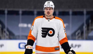 A photograph of Toronto Maple Leafs star center Auston Matthews, the subject of major NHL trade speculation regarding a potential blockbuster move to the Philadelphia Flyers.