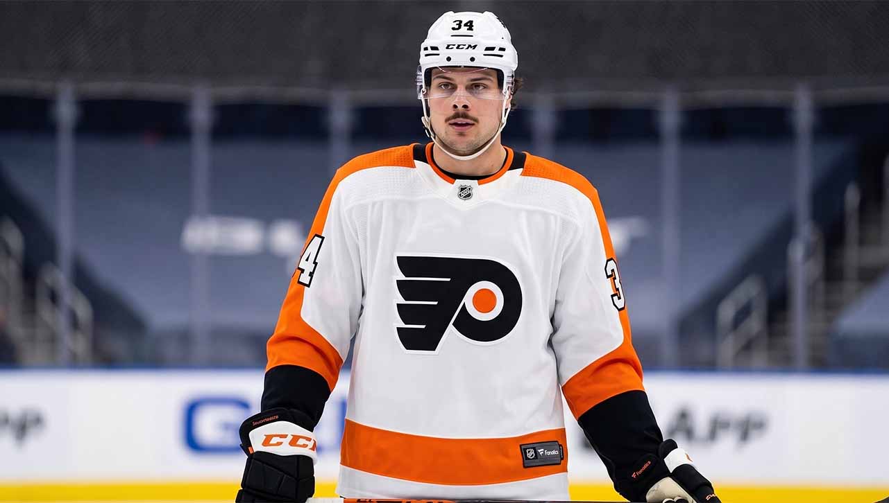 A photograph of Toronto Maple Leafs star center Auston Matthews, the subject of major NHL trade speculation regarding a potential blockbuster move to the Philadelphia Flyers.