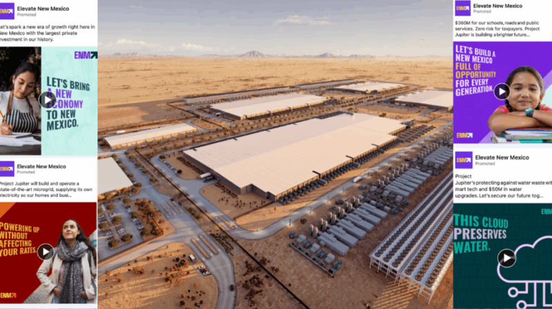 Physical mailers and digital ads urged New Mexicans to support Project Jupiter, a massive Doña Ana County data center complex planned for OpenAI and Oracle. They bear few clues as to who paid for them. (Illustration by Julia Goldberg/Source NM, Project Jupiter rendering courtesy of STACK Infrastructure)