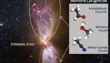 Astronomers have studied the outflow from a Class 0 protostar and found complex molecules like methanol. They form in the shockwave environment where the outflows slam into the interstellar medium. Image Credit: NASA, ESA, CSA, STScI